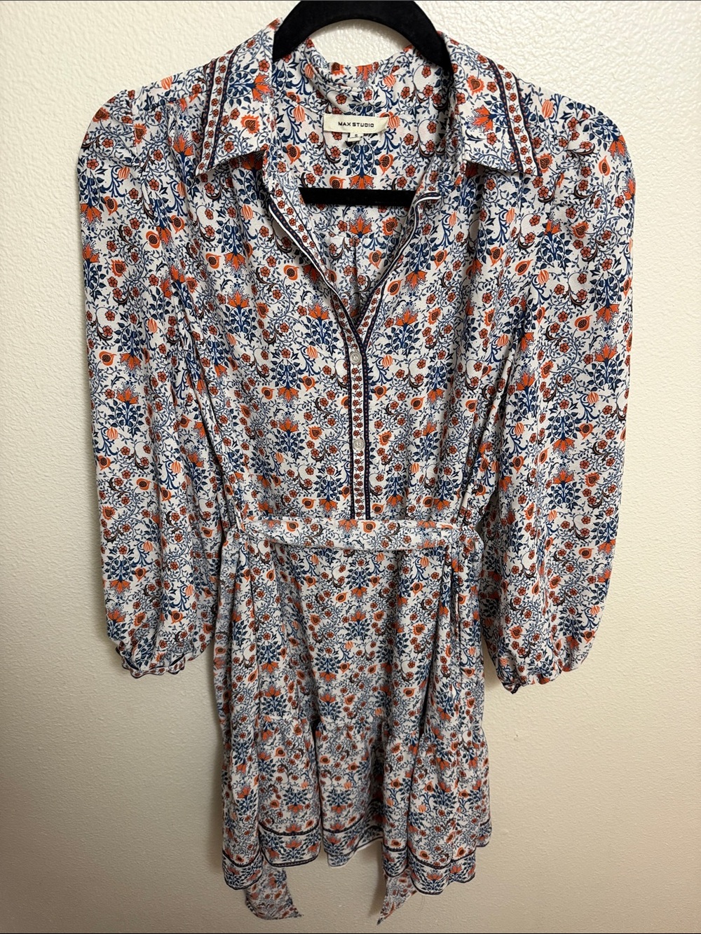 Max Studio White Floral Button-Front Dress with Orange & Navy Print